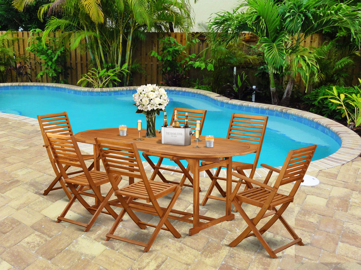 Outdoor Oasis Dining Set BSBS7ONGFC, Oval Acacia Table with