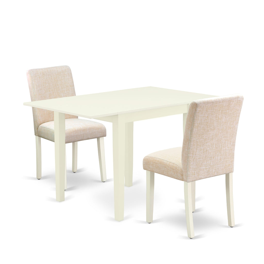 1NDAB3-WSK-EC 3-Piece Dining Set with Drop Leaf Table & 2 Light Beige Linen Chairs - Linen White Finish