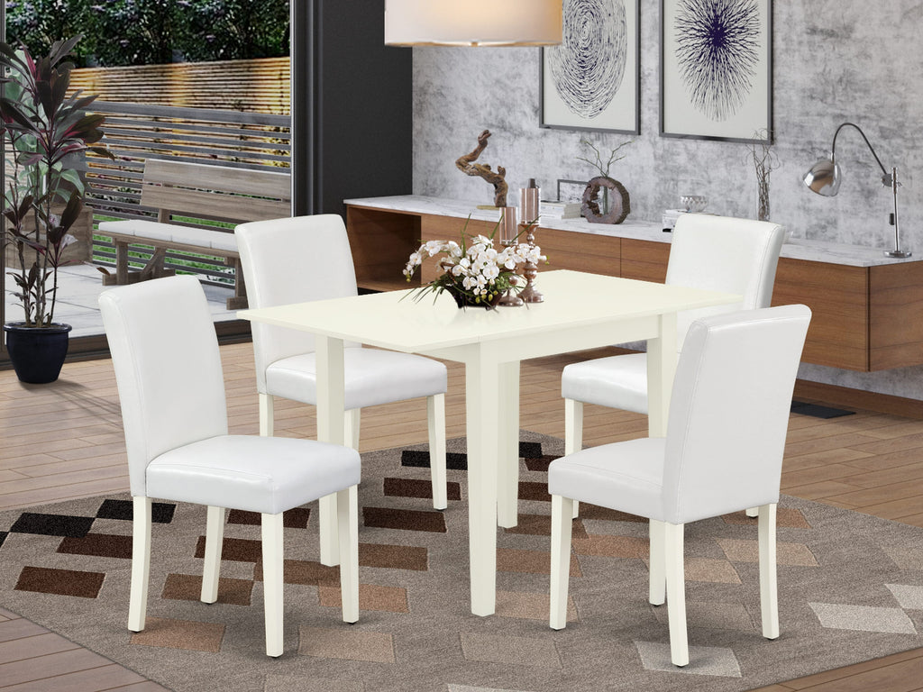 1NDAB6-Q0O-VO Elegant Linen White 5-Piece Dining Set with Dropleaf Table and Leather Chairs for Four