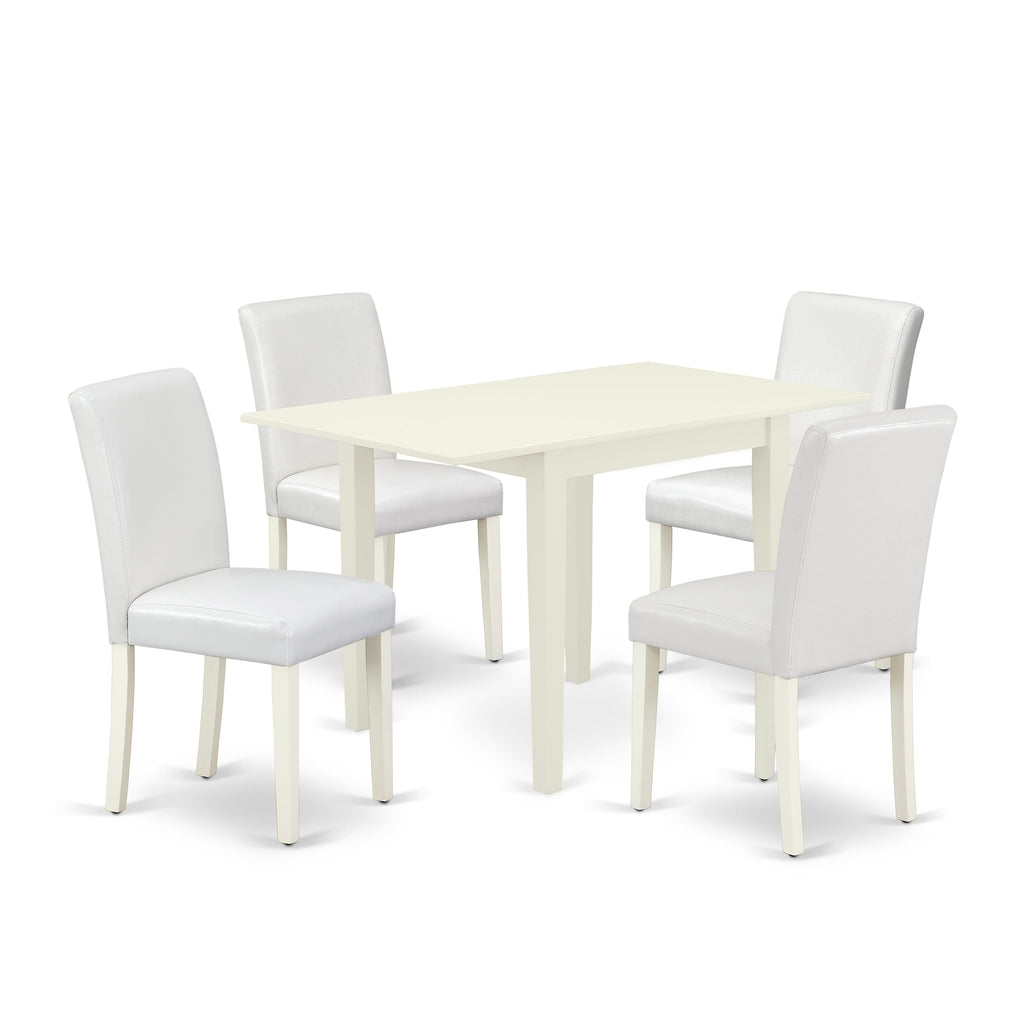 1NDAB6-Q0O-VO Elegant Linen White 5-Piece Dining Set with Dropleaf Table and Leather Chairs for Four
