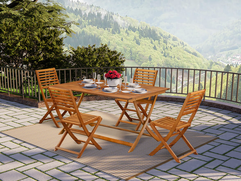 AEBS5LH68 5 Piece Patio Dining Set with Rectangle Wood Table and 4 Foldable Chairs, 36x60 in Natural Finish