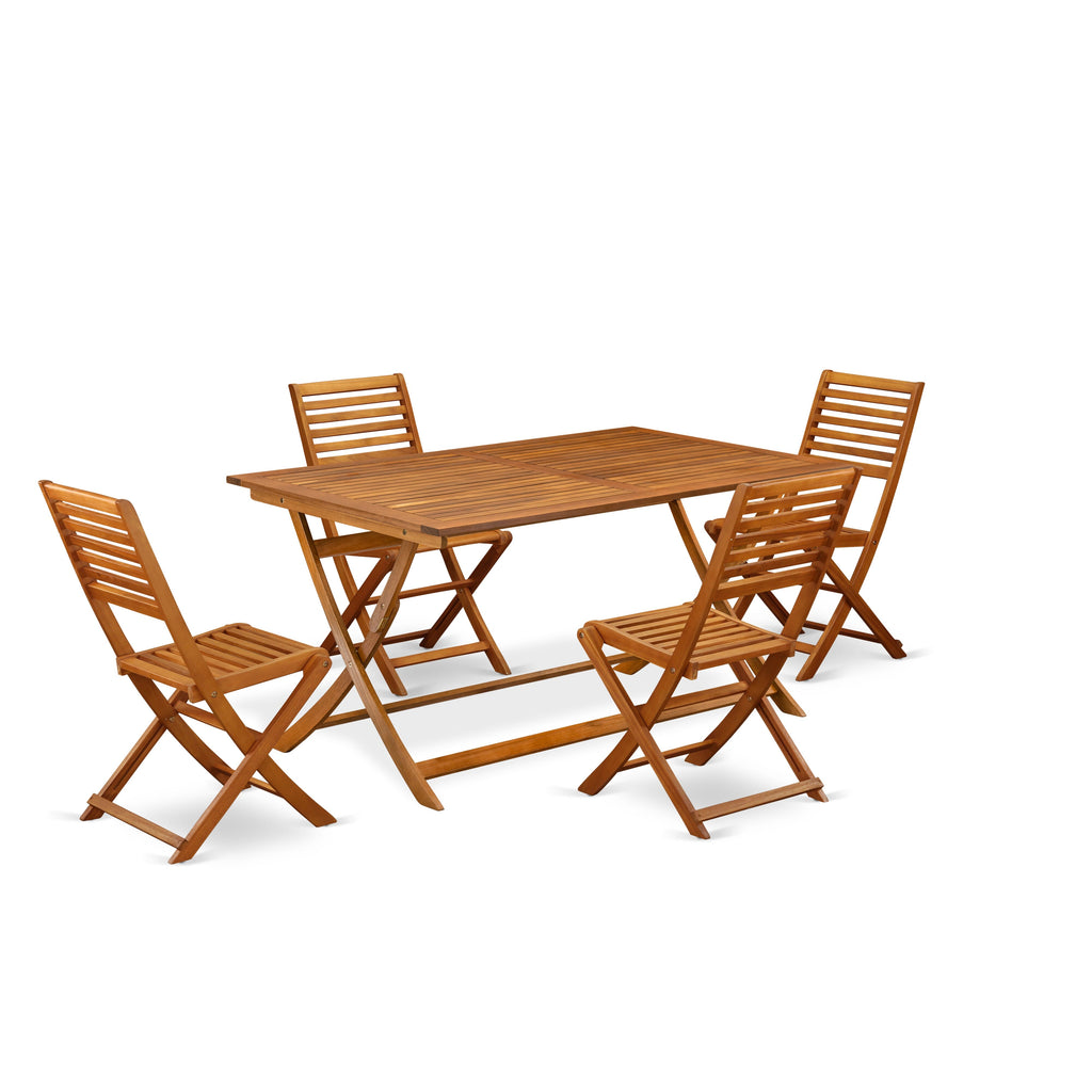 AEBS5LH68 5 Piece Patio Dining Set with Rectangle Wood Table and 4 Foldable Chairs, 36x60 in Natural Finish
