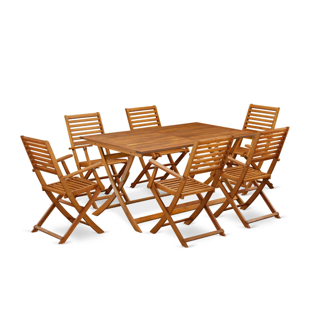 AEBS7R7HW Deluxe 7-Piece Outdoor Patio Dining Ensemble with Rectangular Acacia Table & 6 Folding Chairs