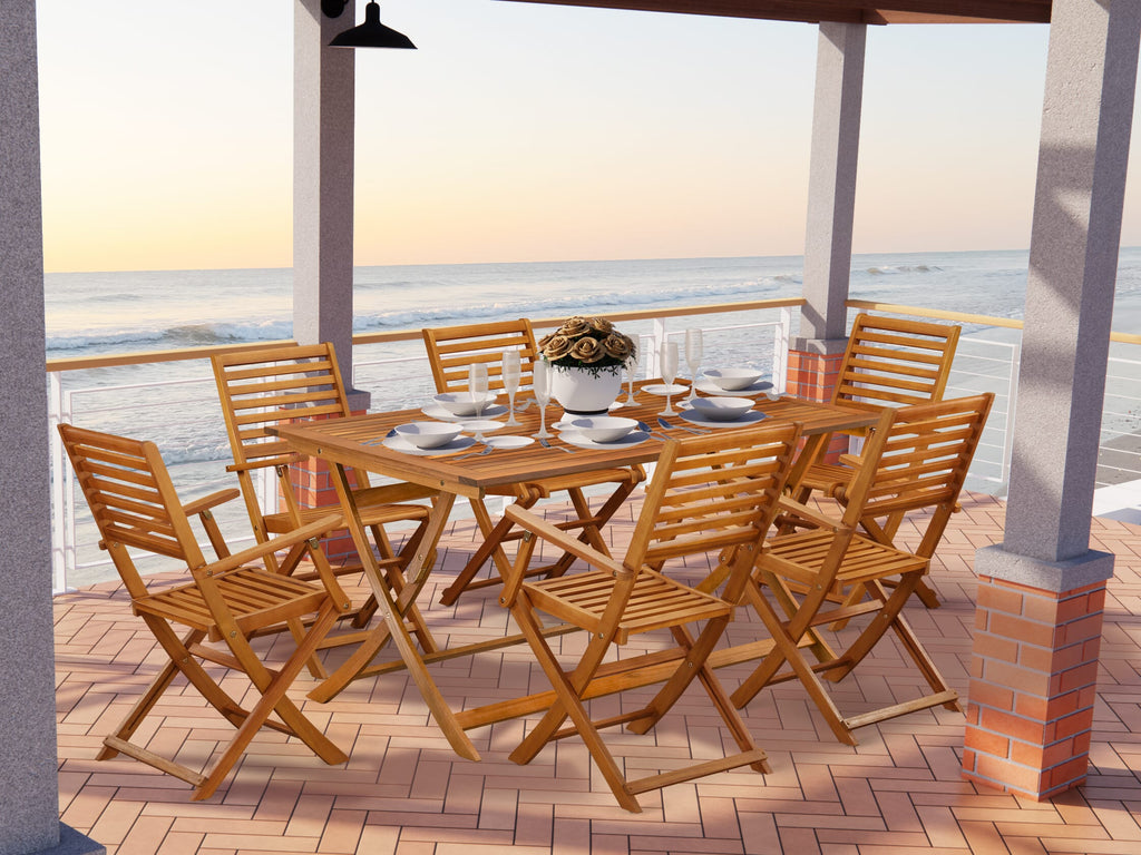 AEBS7R7HW Deluxe 7-Piece Outdoor Patio Dining Ensemble with Rectangular Acacia Table & 6 Folding Chairs