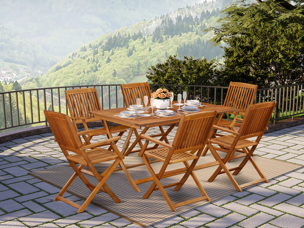 AECM7Z502 Versatile 7 Pc Patio Dining Set with Rectangular Acacia Wood Table & 6 Foldable Chairs