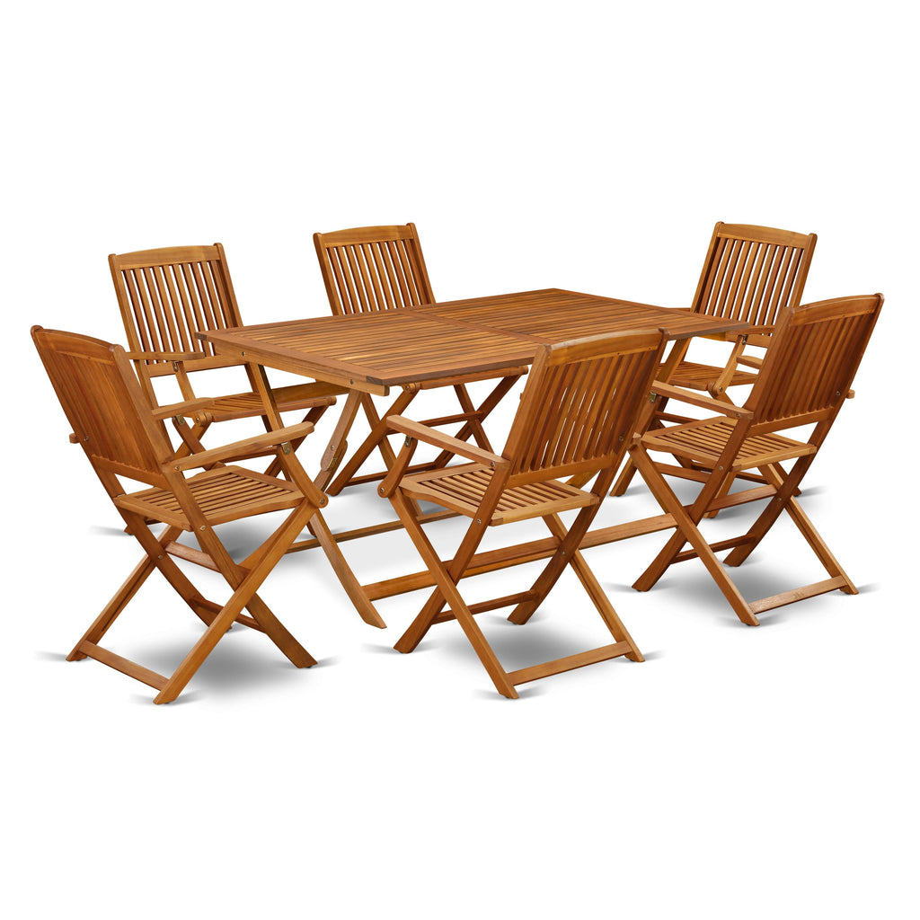 AECM7Z502 Versatile 7 Pc Patio Dining Set with Rectangular Acacia Wood Table & 6 Foldable Chairs