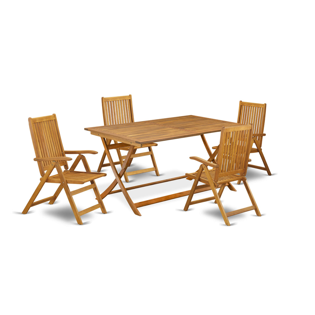 5-Piece Natural Wood Dining Set AECN52L16 for Outdoors with 4 Adjustable Foldable Chairs and Rectangular Table