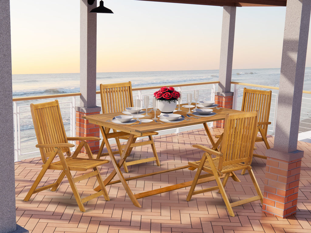 5-Piece Natural Wood Dining Set AECN52L16 for Outdoors with 4 Adjustable Foldable Chairs and Rectangular Table