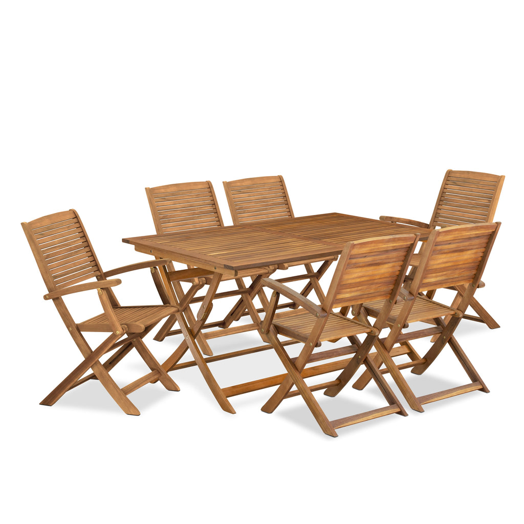 AEHD7LR2I 7-Piece Rectangle Patio Dining Set Acacia Table & 6 Folding Chairs, 36x60 Natural
