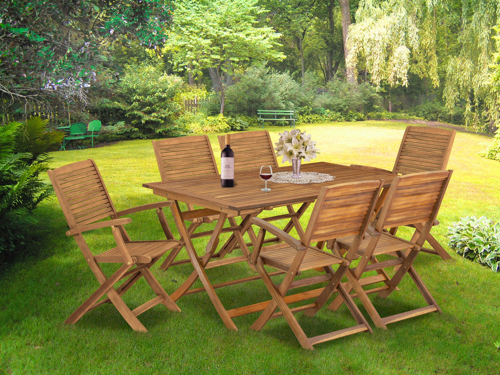 AEHD7LR2I 7-Piece Rectangle Patio Dining Set Acacia Table & 6 Folding Chairs, 36x60 Natural
