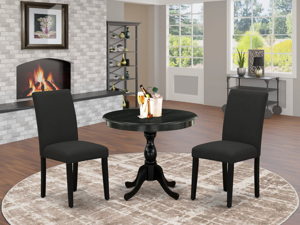 AMAB3-J3R-3L Chic 3 Pc Dining Set Round Pedestal Table and Two Upholstered Linen Chairs in Sleek Black, 36x36