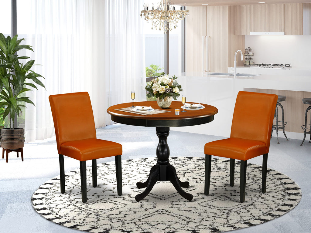 AMAB3-85C-6S Elegant 3-Piece Set Compact Round Dining Ensemble with Stylish Table and Two Chic Faux Leather Chair Accents, Black & Cherry