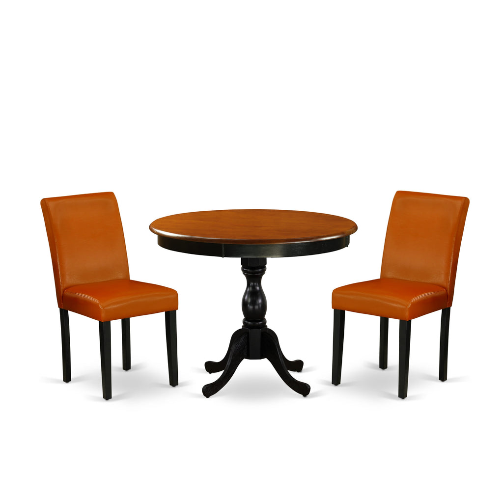 AMAB3-85C-6S Elegant 3-Piece Set Compact Round Dining Ensemble with Stylish Table and Two Chic Faux Leather Chair Accents, Black & Cherry