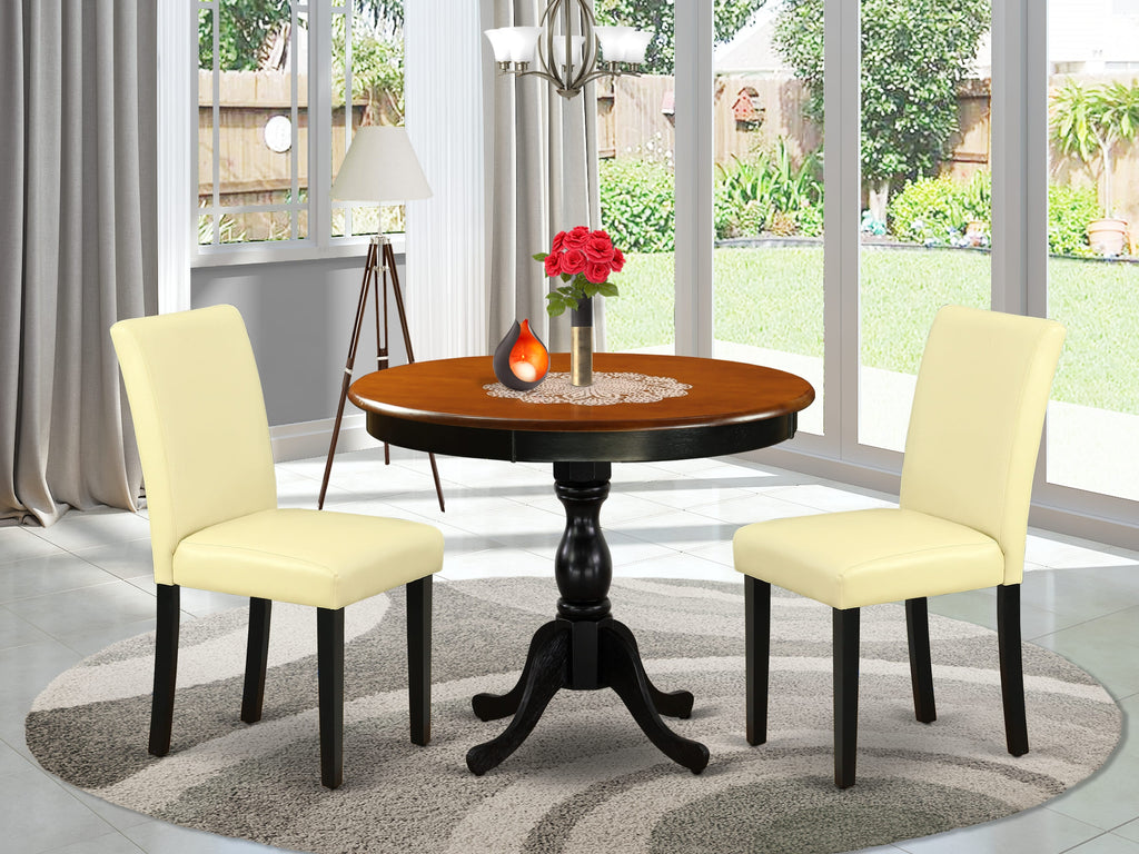 AMAB3-KWA-UP 3 Piece Dining Ensemble Round Pedestal Table with Faux Leather Chairs, Black & Cherry