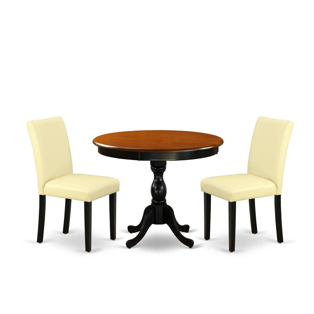 AMAB3-KWA-UP 3 Piece Dining Ensemble Round Pedestal Table with Faux Leather Chairs, Black & Cherry