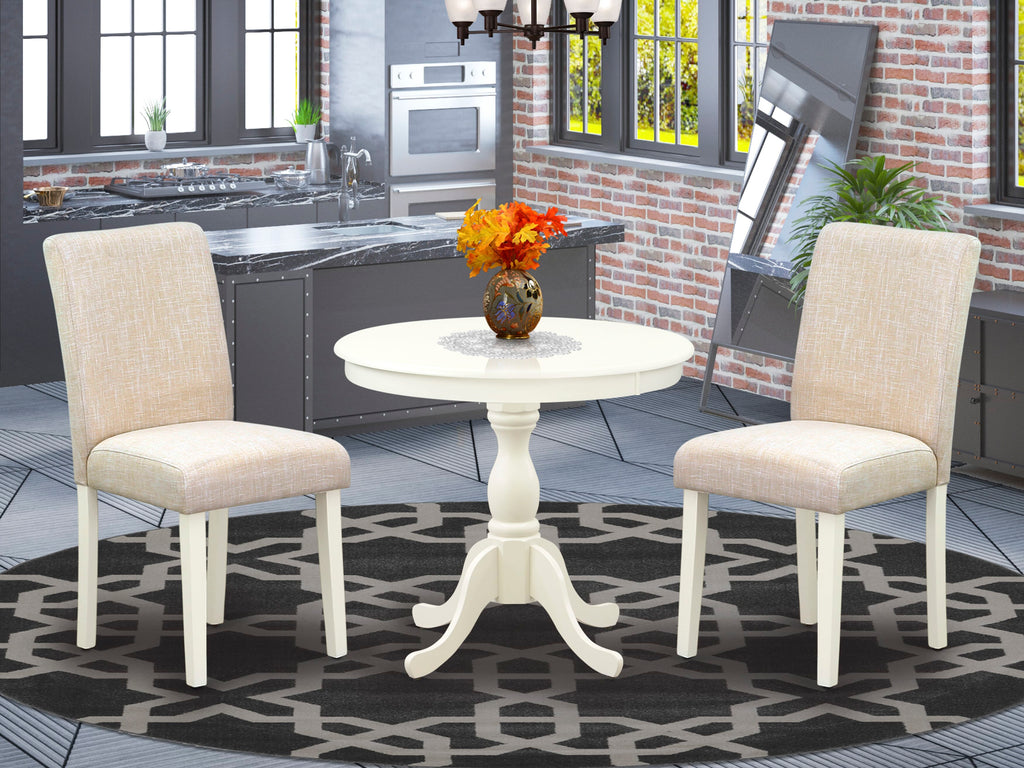 AMAB3-6V6-YG 3-Piece Dining Set with Round Pedestal Table & Light Beige Upholstered Chairs, 36 Linen White