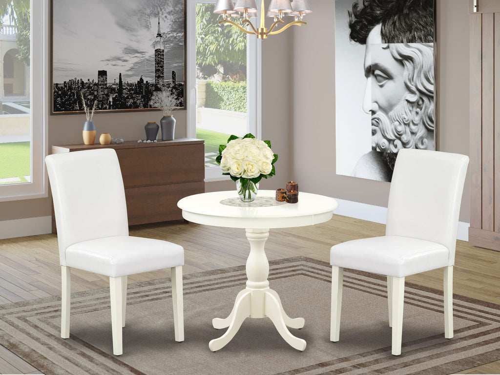 AMAB3-Q9H-EQ 3pc Set Round Pedestal Table & 2 Parsons Chairs in Faux Leather, 36x36 Linen White