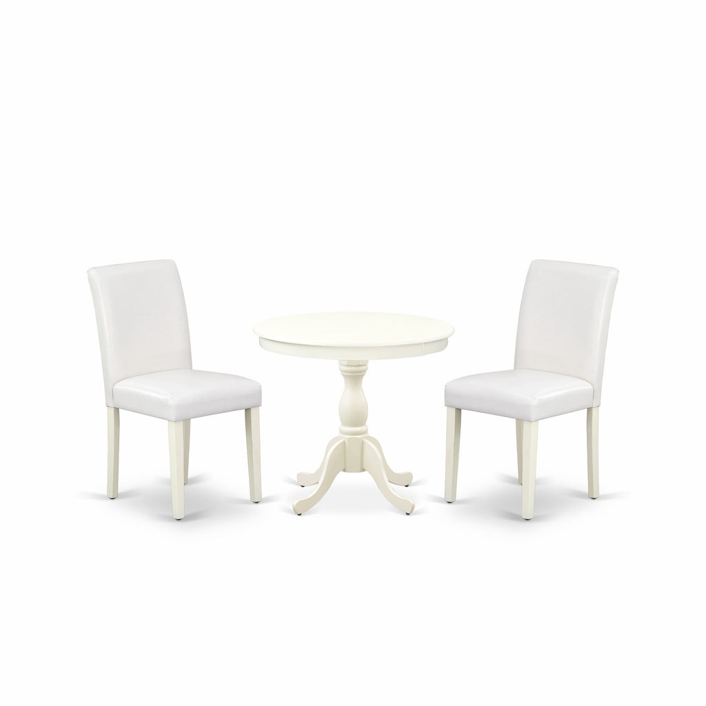 AMAB3-Q9H-EQ 3pc Set Round Pedestal Table & 2 Parsons Chairs in Faux Leather, 36x36 Linen White