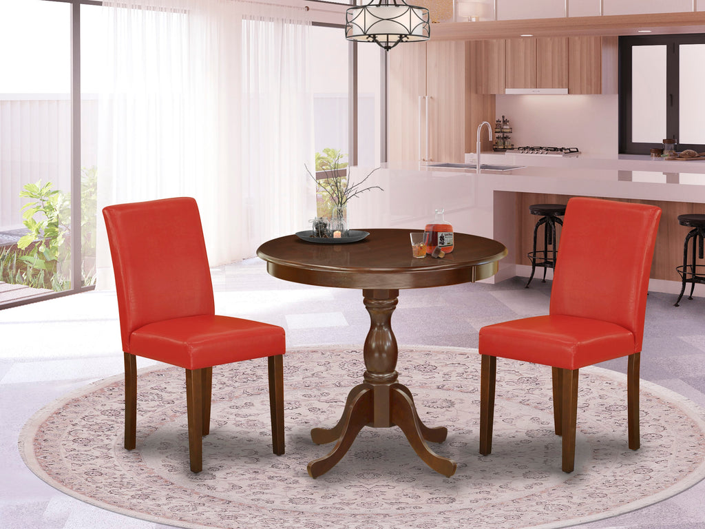 AMAB3-V9S-NK 3-Piece Round Mahogany Dining Set with Pedestal Table & 2 Firebrick Red Faux Leather Chairs