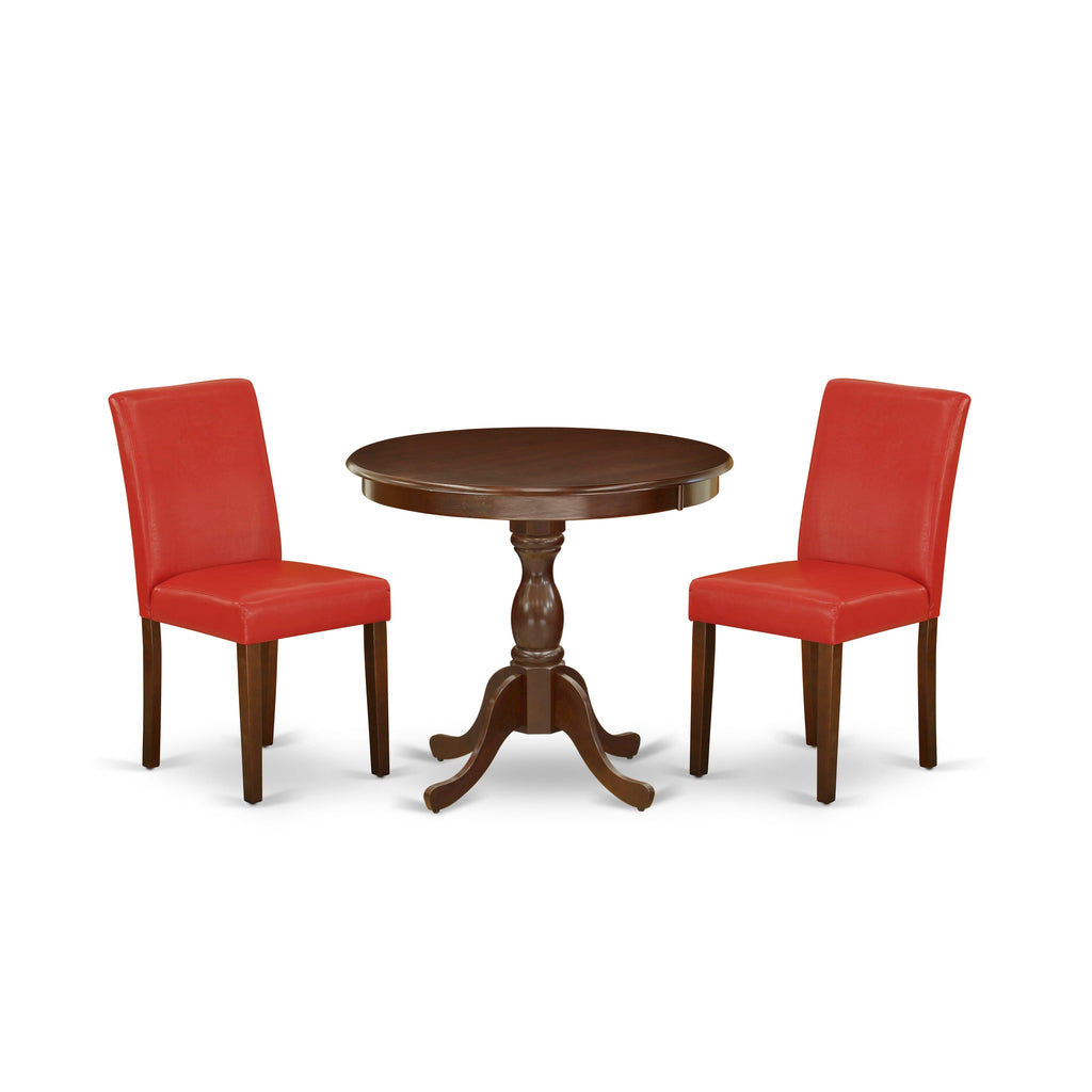AMAB3-V9S-NK 3-Piece Round Mahogany Dining Set with Pedestal Table & 2 Firebrick Red Faux Leather Chairs