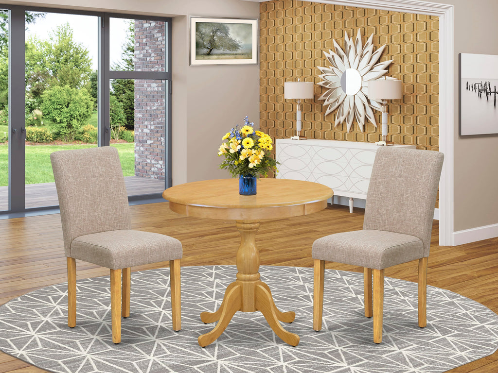 AMAB3-F4E-ON Dining Set with Oak Finish - 3 Piece Set Featuring Round Pedestal Table and 2 Tan Linen Parson Chairs