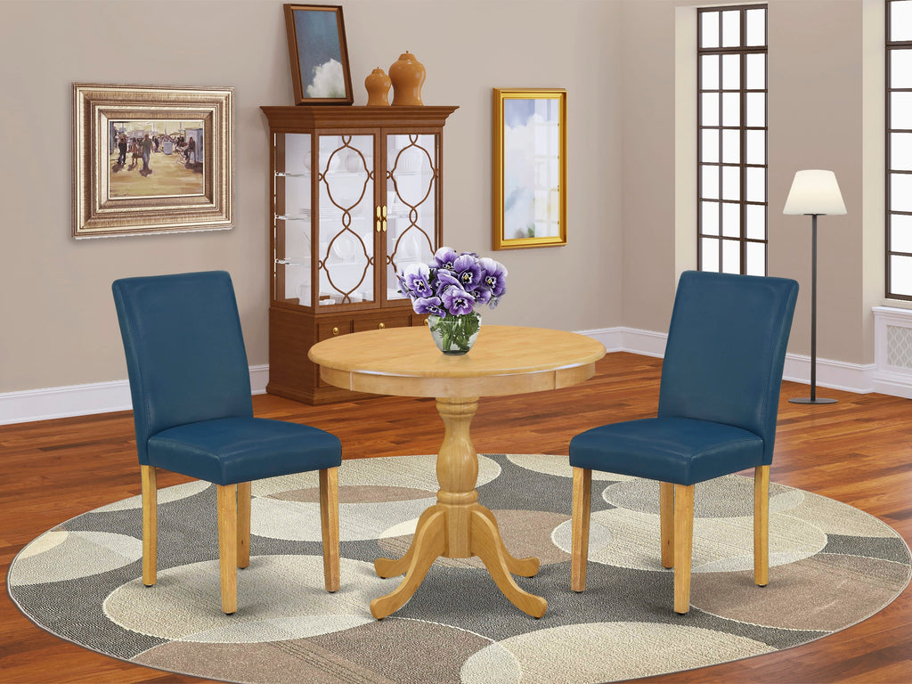AMAB3-XS1-OS 3 Piece Dining Ensemble Oak-Finish Pedestal Table & Two Blue Chair Set