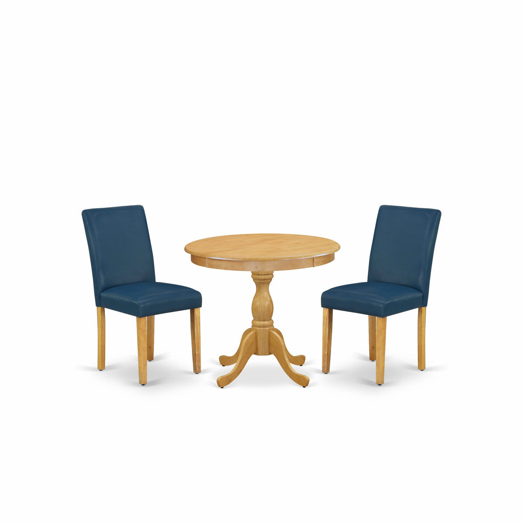 AMAB3-XS1-OS 3 Piece Dining Ensemble Oak-Finish Pedestal Table & Two Blue Chair Set