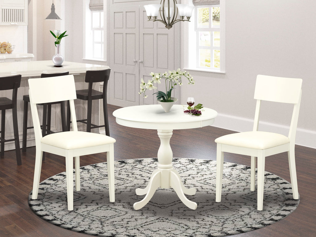 AMAD3-YME 3-Piece Dining Set with Pedestal Table & Upholstered Chairs in Linen White, 36
