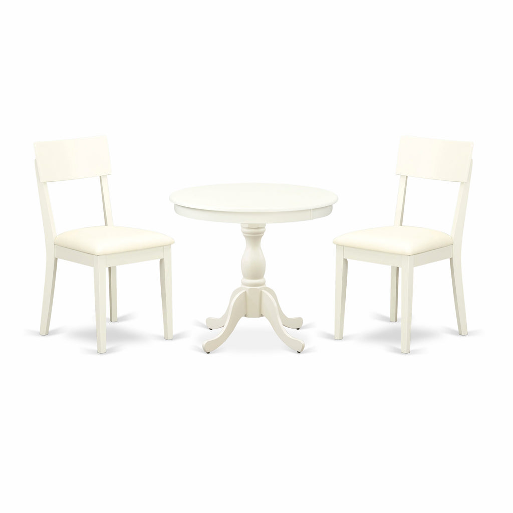 AMAD3-YME 3-Piece Dining Set with Pedestal Table & Upholstered Chairs in Linen White, 36