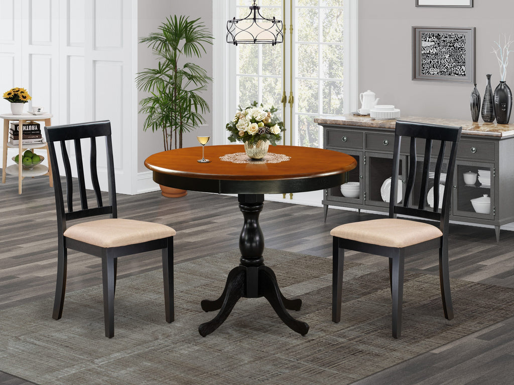 Compact AMAN3-NOS-T 3-Piece Dining Ensemble with Pedestal Table & Linen Chairs - Perfect for Cozy Spaces, Black & Cherry
