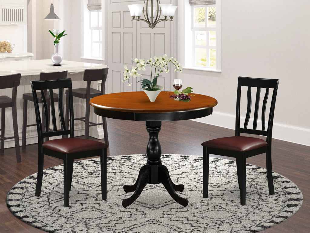 AMAN3-2KN-SC 3 Piece Set Table & Chairs for Compact Dining with Leather Upholstery, Black & Cherry Finish