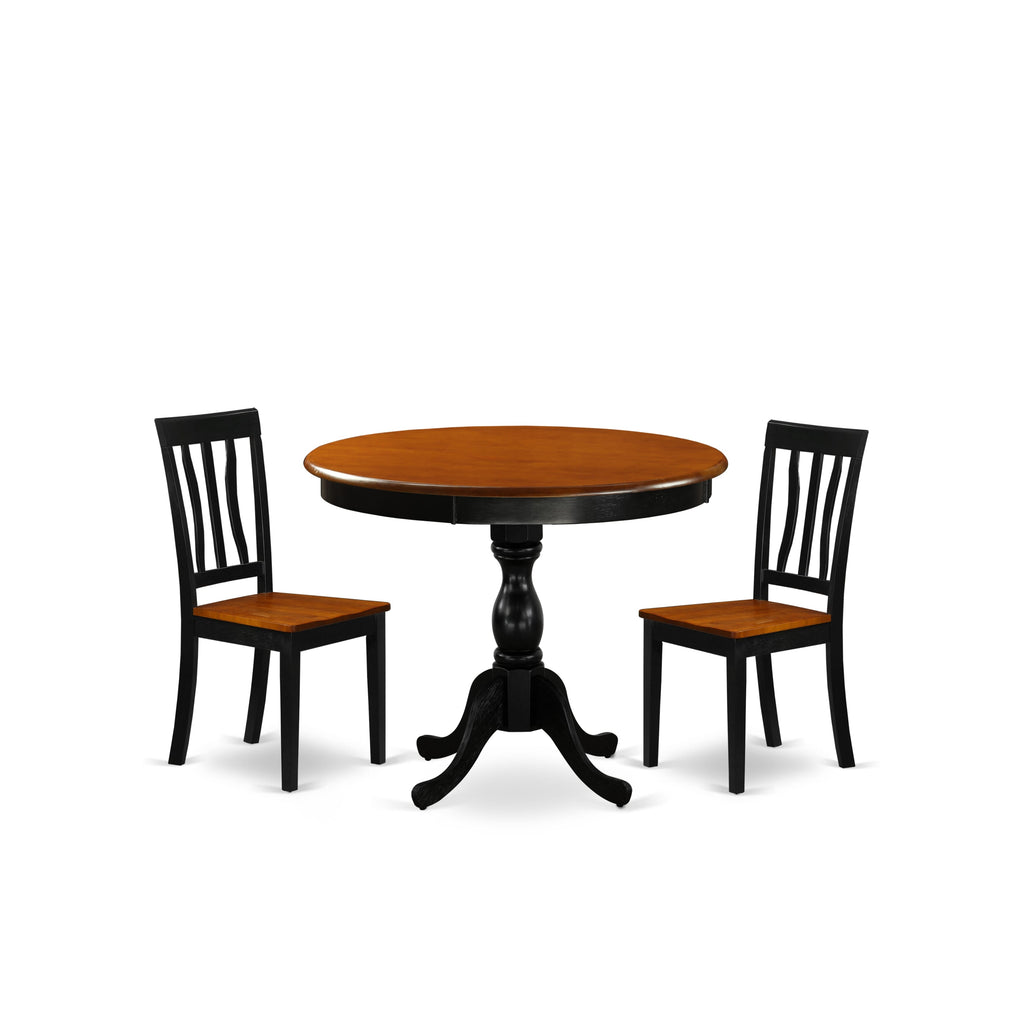 Modern Dining Ensemble AMAN3-SCU-P Round Pedestal Table & 2 Chairs Set, Black Cherry, for Compact Areas
