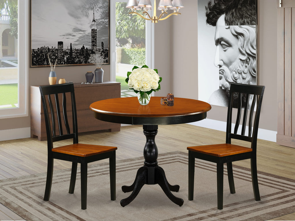 Modern Dining Ensemble AMAN3-SCU-P Round Pedestal Table & 2 Chairs Set, Black Cherry, for Compact Areas