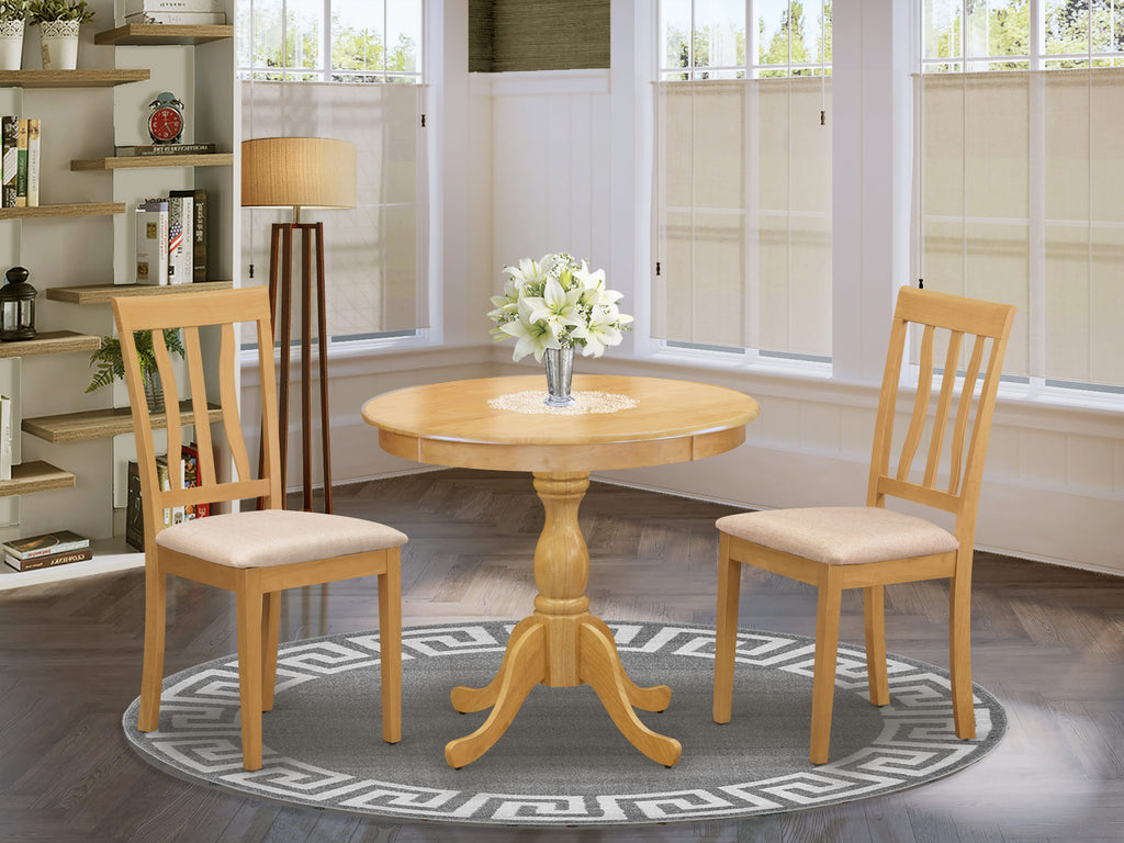 AMAN3-0LB-R 3-Piece Round Dining Ensemble with Pedestal and Upholstered Chairs, 36in Oak Finish