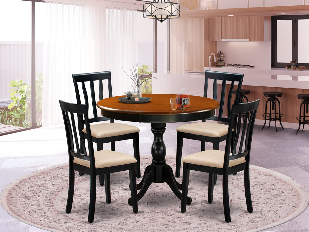 AMAN5-1C4-X 5-Piece Dining Set with 36-Inch Round Pedestal Table and 4 Upholstered Chairs in Black and Cherry
