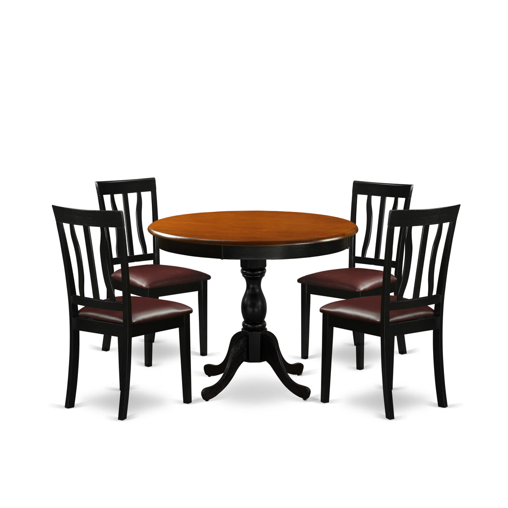 AMAN5-396-I9 Elegant 5-Piece Pedestal Dining Set with Round Table and 4 Faux Leather Chairs, 36-Inch, Black & Cherry Combination