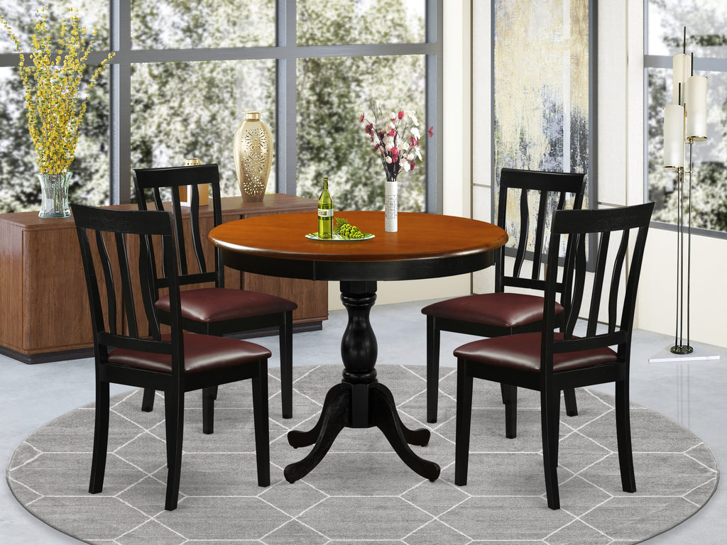 AMAN5-396-I9 Elegant 5-Piece Pedestal Dining Set with Round Table and 4 Faux Leather Chairs, 36-Inch, Black & Cherry Combination