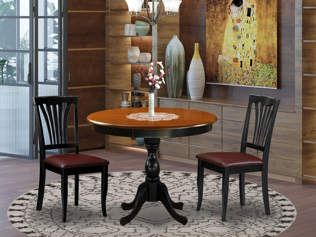 AMAV3-HYC-CY Cozy Cherry Black 3-Piece Round Pedestal Dining Set with Faux Leather Chairs for Compact Areas