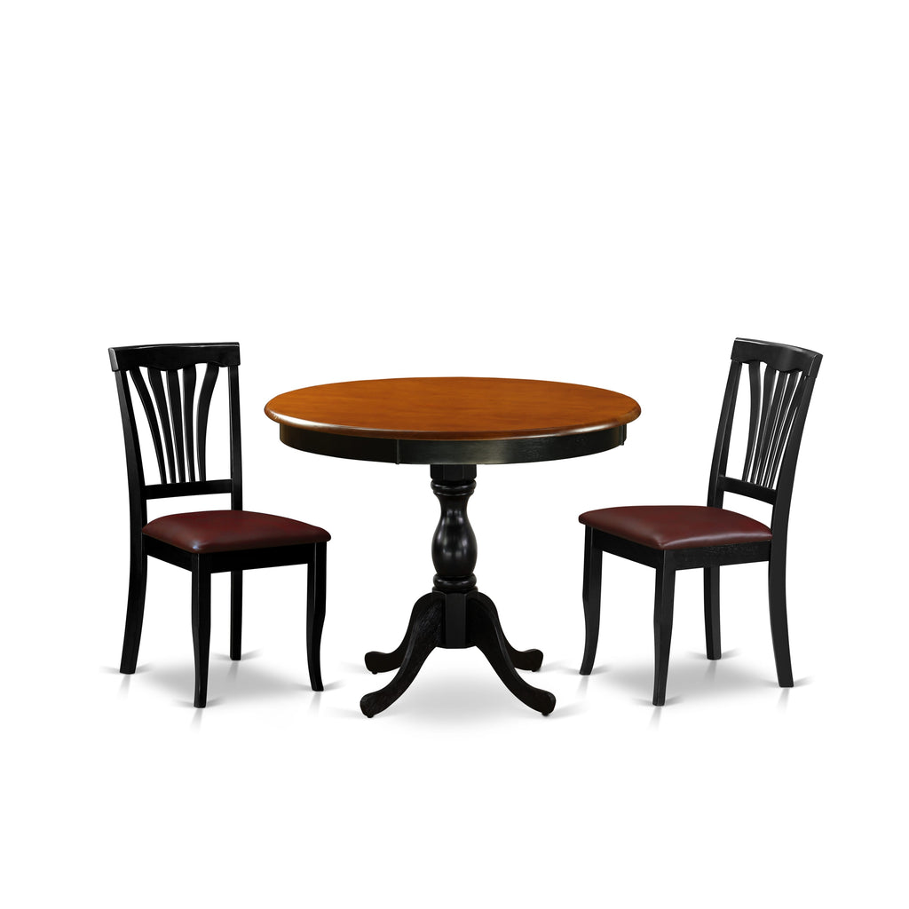 AMAV3-HYC-CY Cozy Cherry Black 3-Piece Round Pedestal Dining Set with Faux Leather Chairs for Compact Areas