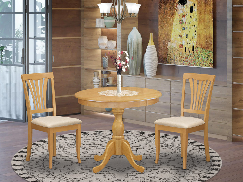 AMAV3-0VC-I 36 Round Dining Table Set with Pedestal & 2 Upholstered Chairs, 3-Piece, Oak
