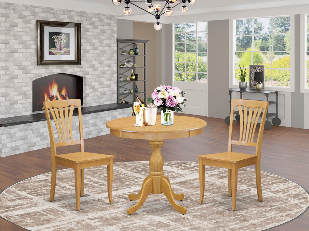 AMAV3-MQZ-B 3-Piece Dining Ensemble with Circular Table and Dual Chairs, 36x36, Oak Finish