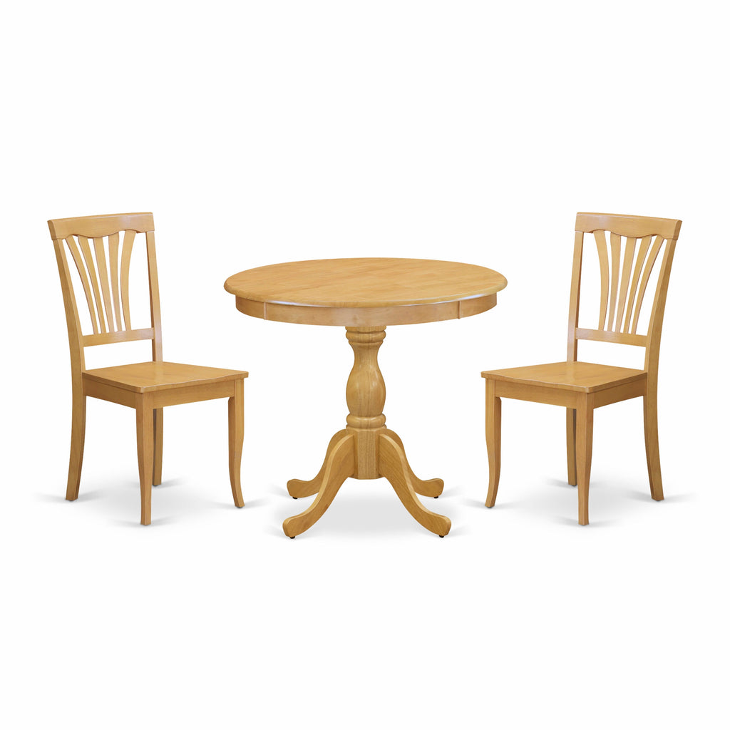 AMAV3-MQZ-B 3-Piece Dining Ensemble with Circular Table and Dual Chairs, 36x36, Oak Finish