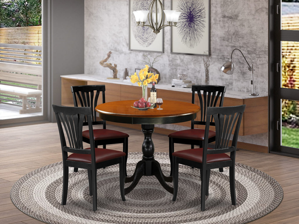 AMAV5-LW5-14 5-Piece Chic Dining Ensemble with Round Table & 4 Luxe Faux Leather Chairs, Black & Cherry Hues