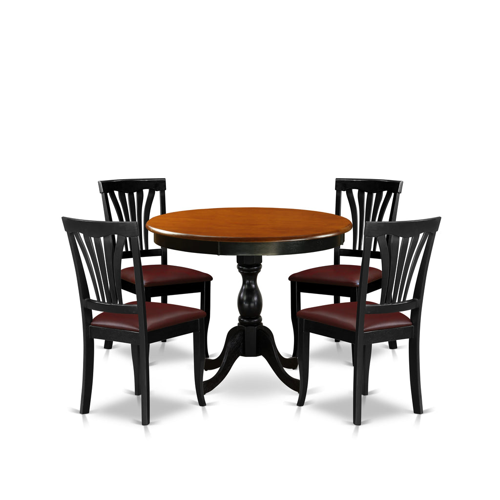 AMAV5-LW5-14 5-Piece Chic Dining Ensemble with Round Table & 4 Luxe Faux Leather Chairs, Black & Cherry Hues