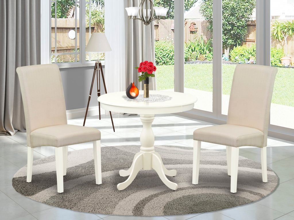 AMBA3-W6Q-0C Three-Piece Dining Ensemble Round Pedestal Table and Two Upholstered Cream Parson Chairs in Linen White