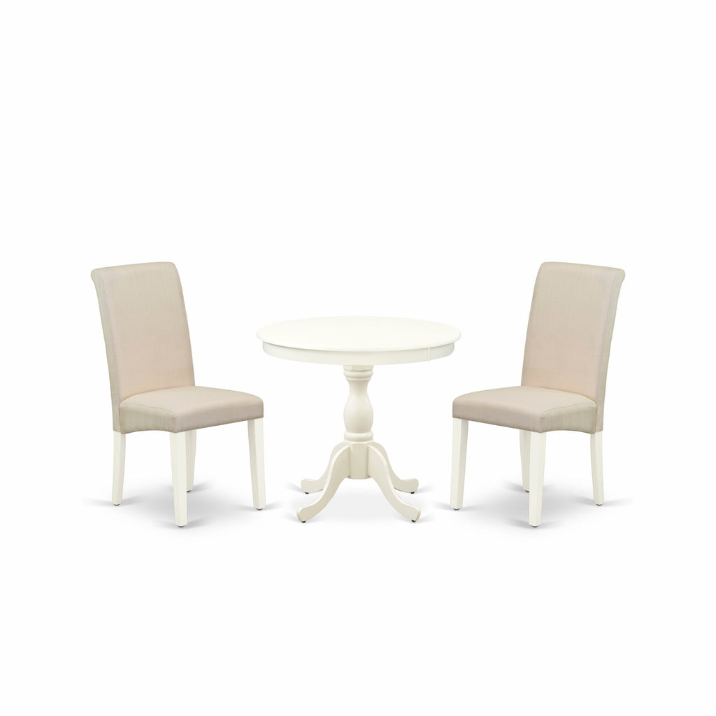 AMBA3-W6Q-0C Three-Piece Dining Ensemble Round Pedestal Table and Two Upholstered Cream Parson Chairs in Linen White