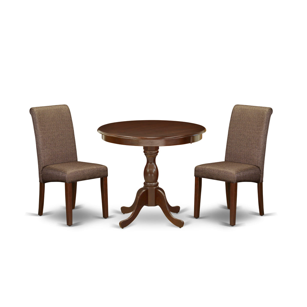 AMBA3-UJM-DW Elegant 3-Piece Dining Table Set with Pedestal Table and 2 Upholstered Chairs, Mahogany Finish