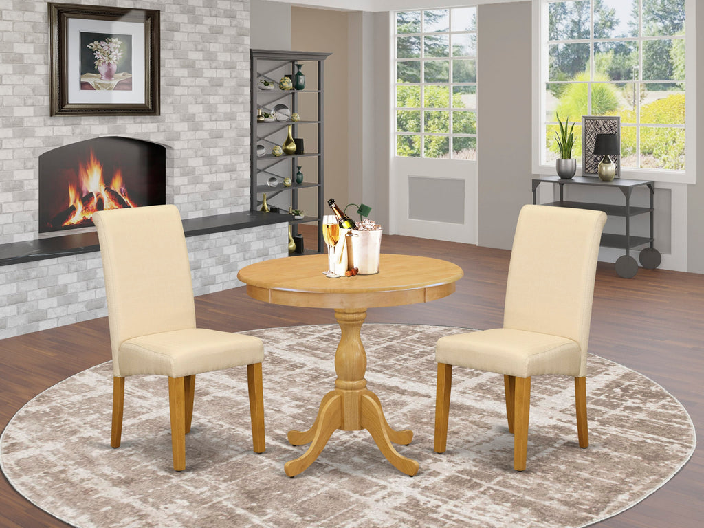 AMBA3-QO8-XG Round Dining Set with Two Linen Parson Chairs & Pedestal Table - 3 Pcs Oak Finish