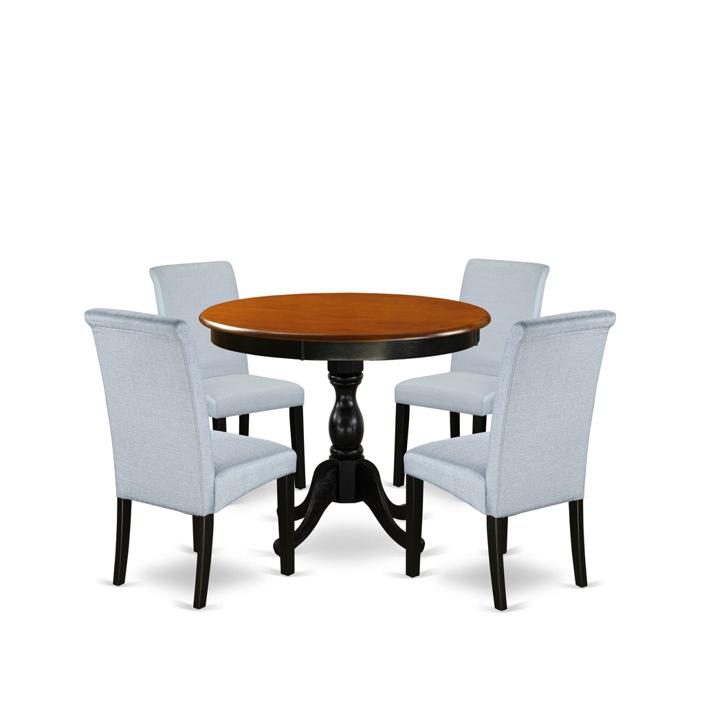 AMBA5-I7A-QY 5-Piece Set Stylish Pedestal Round Table & Four Grey Chairs in Black Cherry Finish