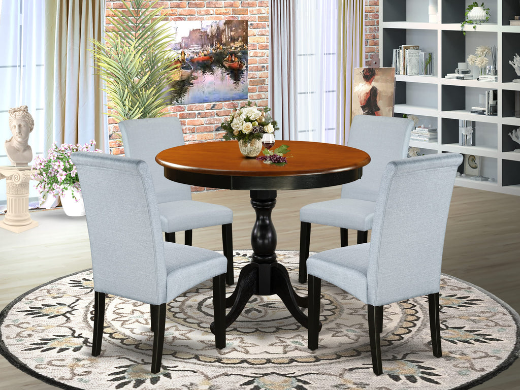 AMBA5-I7A-QY 5-Piece Set Stylish Pedestal Round Table & Four Grey Chairs in Black Cherry Finish